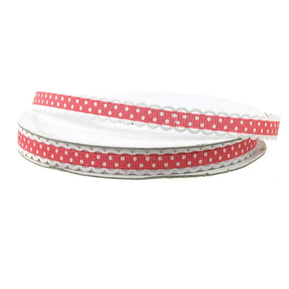 Polka Dot Picot-Edge Polyester Ribbon, 3/8-inch, 25-yard, Red
