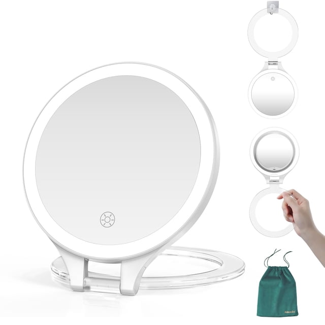 Mocado Espejo de maquillaje de viaje con luz 1X/20X Espejo de aumento con luz Espejo de viaje de doble cara con luz de 3 colores táctil regulable 1500mAh Espejo de maquillaje iluminado recargable (bla