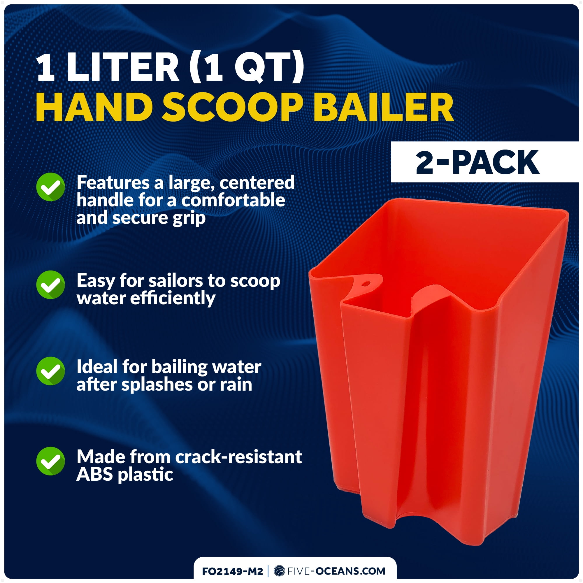 Five Oceans 1 Liter (1 qt) Red Marine Scoop Bailer – Hand Water Bailer for Optimist Dinghies, Small Sailboats & Kayaks, 2-Pack – FO2149-M2