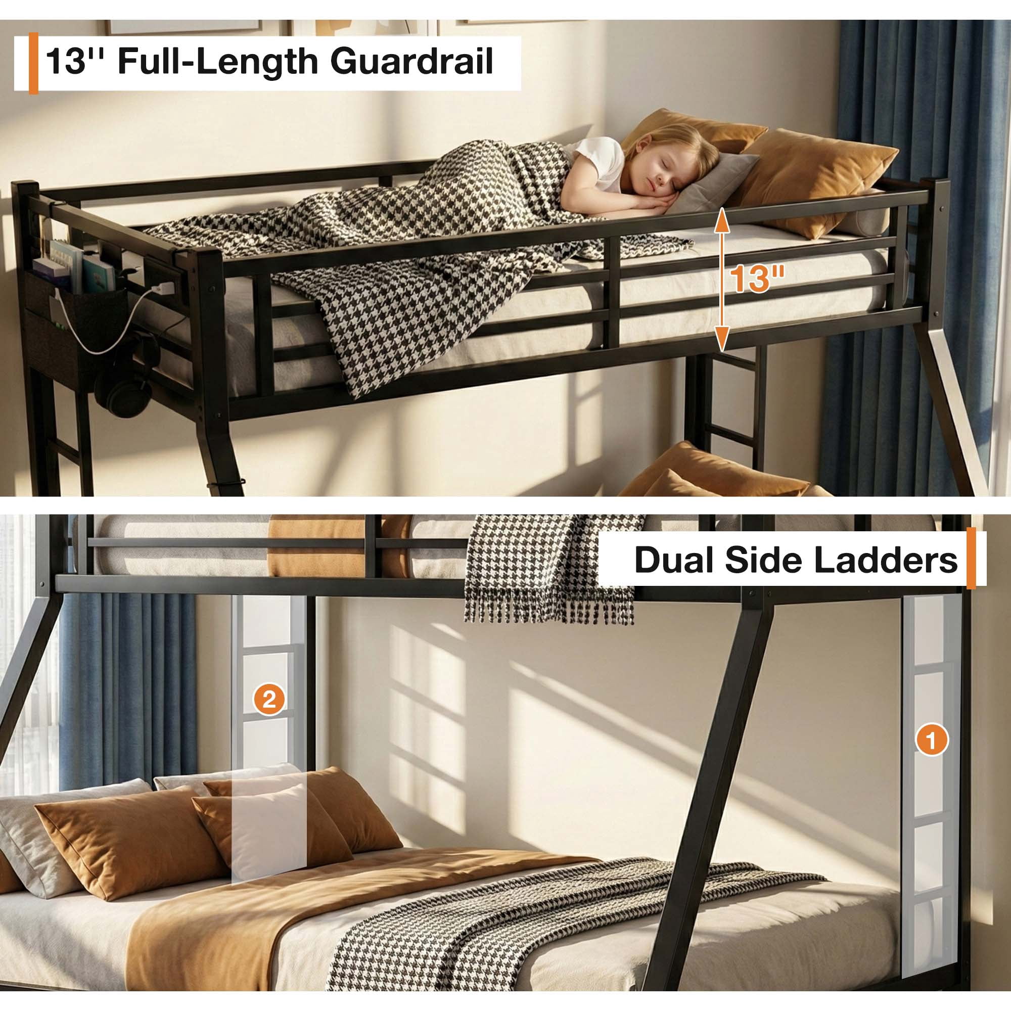 Twin XL Over Queen Metal Bunk Bed Frame with Charging Station, Storage Bag for Adult Bunk Bed, Black