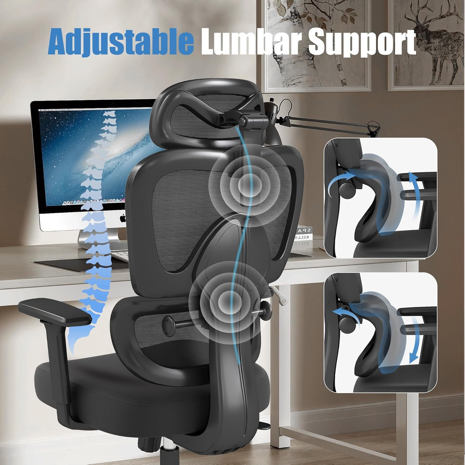 Ergonomic Office Desk Chair, High Back Gaming Chair with Lumbar Support  Mesh Adjustable Armrests Black