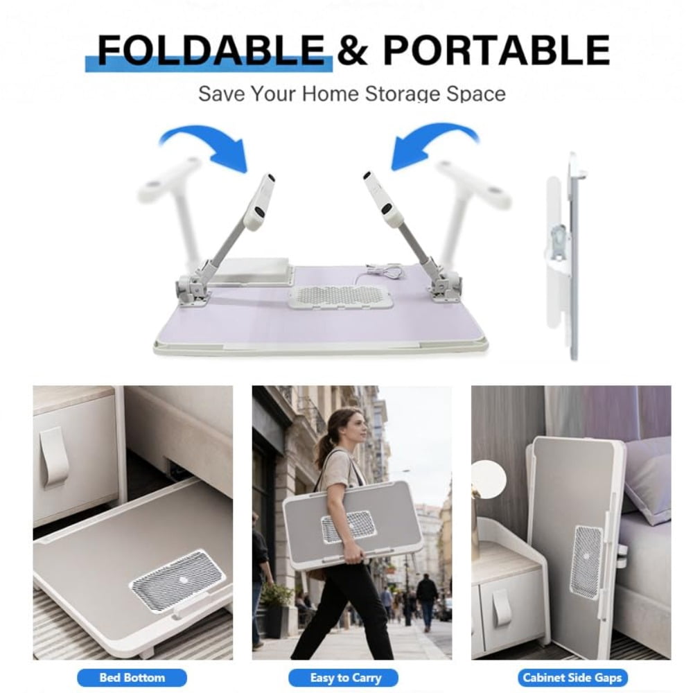 Laptop Desk for Bed Height Adjustable, Lap Bed Table with Cooling Fan/USB/Storage Drawer/Cup Holder/Tablet Stand/Book Shelf, Foldable Breakfast Tray Portable for Reading Writing, Sofa and Floor