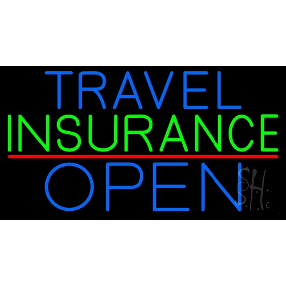 Travel Insurance Open Block Red Line LED Neon Sign 13 x 24 - inches, Black Square Cut Acrylic Backing, with Dimmer - Bright and Premium built indoor LED Neon Sign for Décor, Travel agency, Storefront.