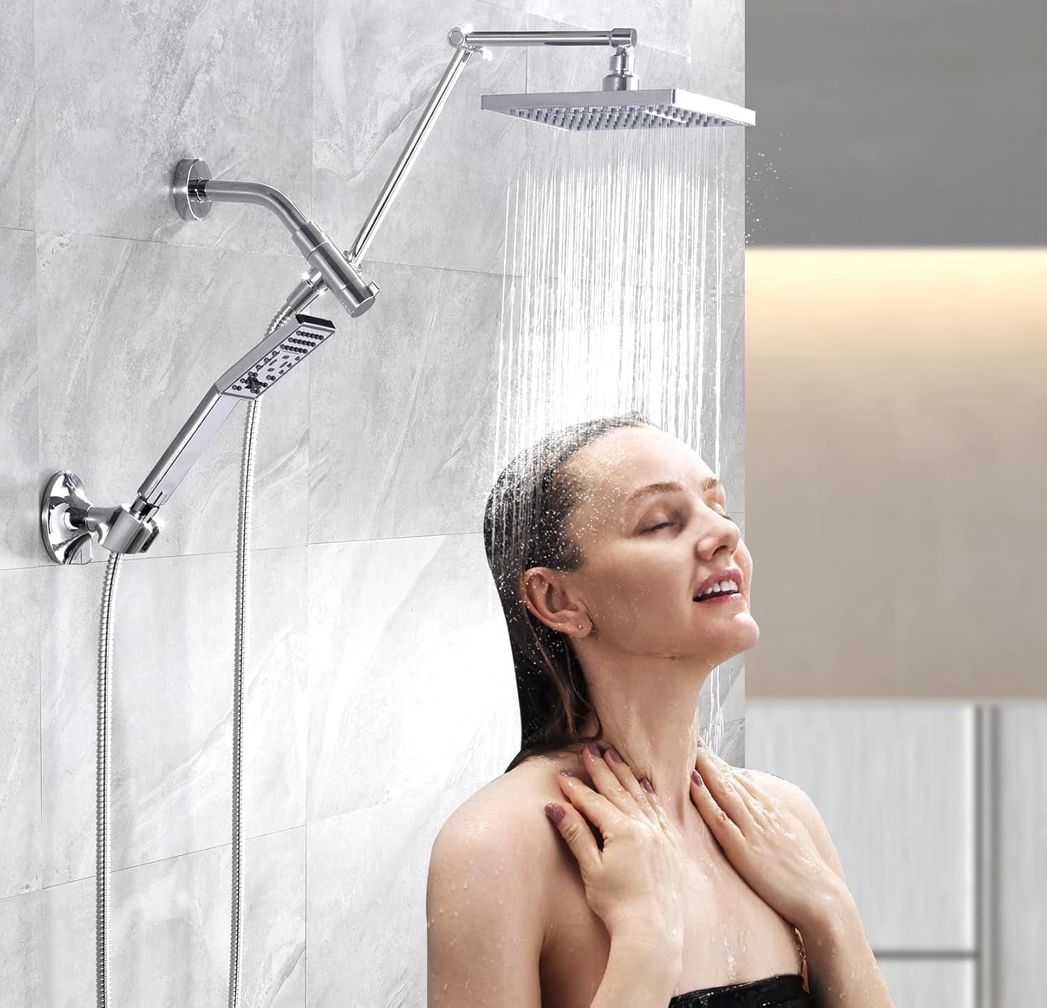 Rain Shower Head with Handheld Spray, 8 Inch High Pressure Rainfall Shower Head Combo with 60” Hose, Adjustable Dual Square Showerhead with 3-Way Diverter, Wall Bracket, Chrome