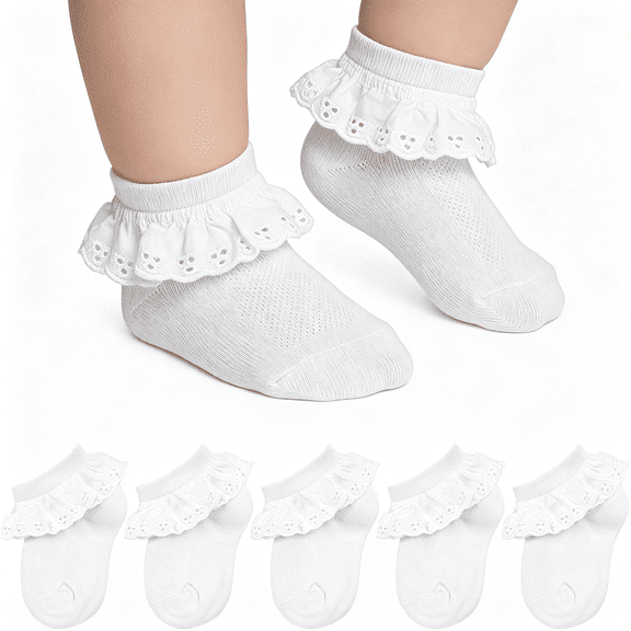 XIBUFE 5 Pairs Toddler Little Girls Ruffle Socks Eyelet Frilly Dress Socks | White, Ankle Sock, Stretchy Breathable, Casual Party Use Kids Ruffle Socks