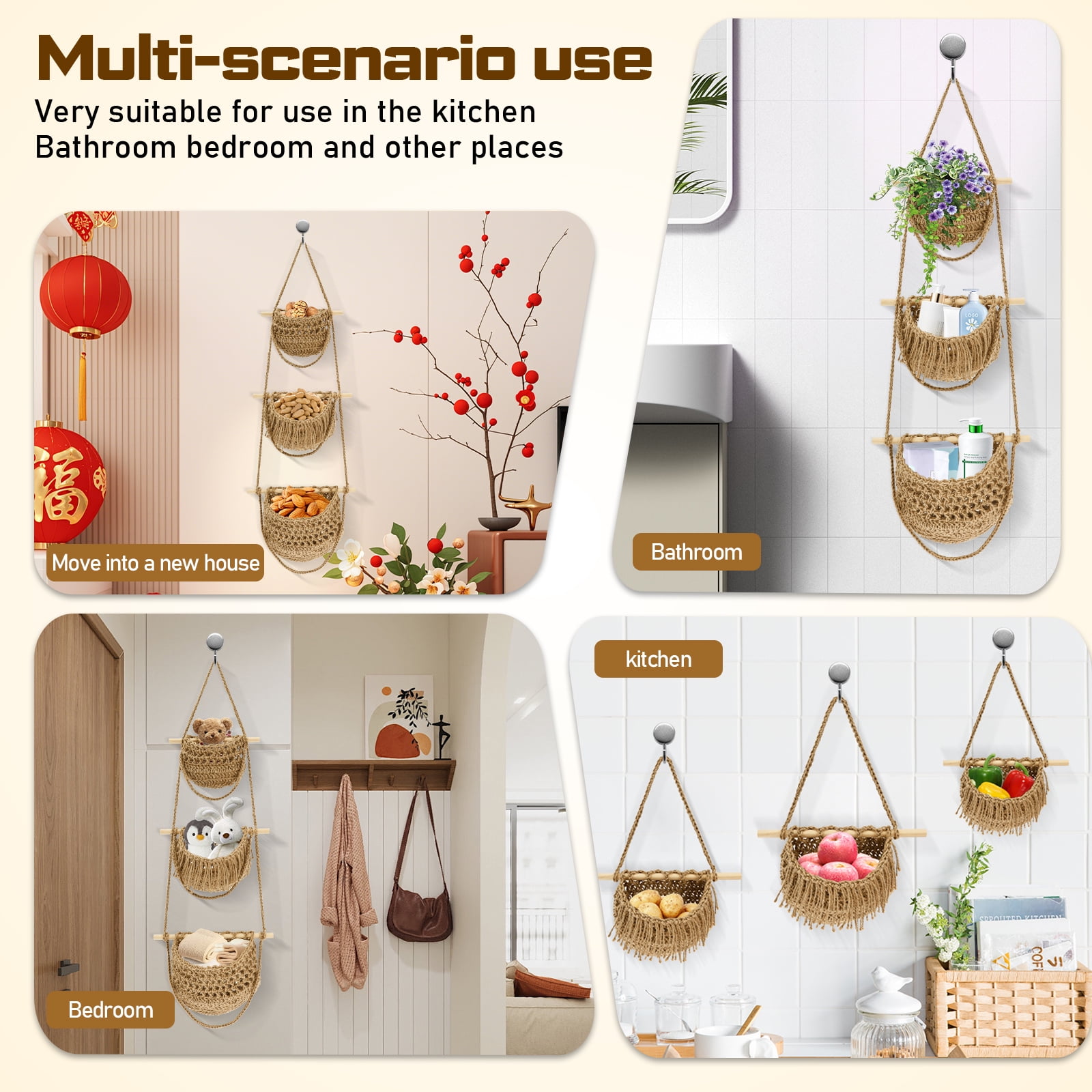 NUAHRHY 3 Tier Hanging Fruit Basket Wall Mounted Vegetable Storage Holder, Over The Door Organizer Bag Woven Jute Boho Wall Decor, Hanging Produce Basket for Entrance Kitchen Dorm RV Home Bedroom