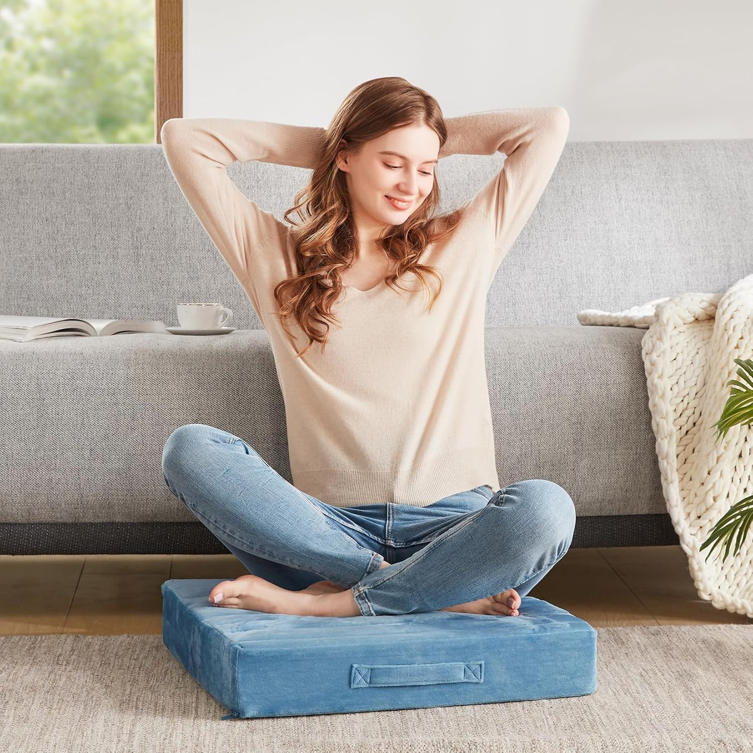 High Density Foam Floor Pillow 2 Sets, Large Meditation Cushions Seating for Adults and Yoga Sitting, 5" Thick Washable Couch Cushion with Soft Tufted Covers - 22 Inch Grey