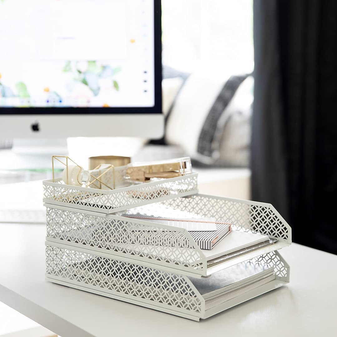 Blu Monaco Office Supplies White Desk Accessories for Women-6 Piece Interlocking Stylish Desk Organizer Set- Pen Cup, 3 Accessory Trays, 2 Letter Trays-White Office Paper Tray Holder