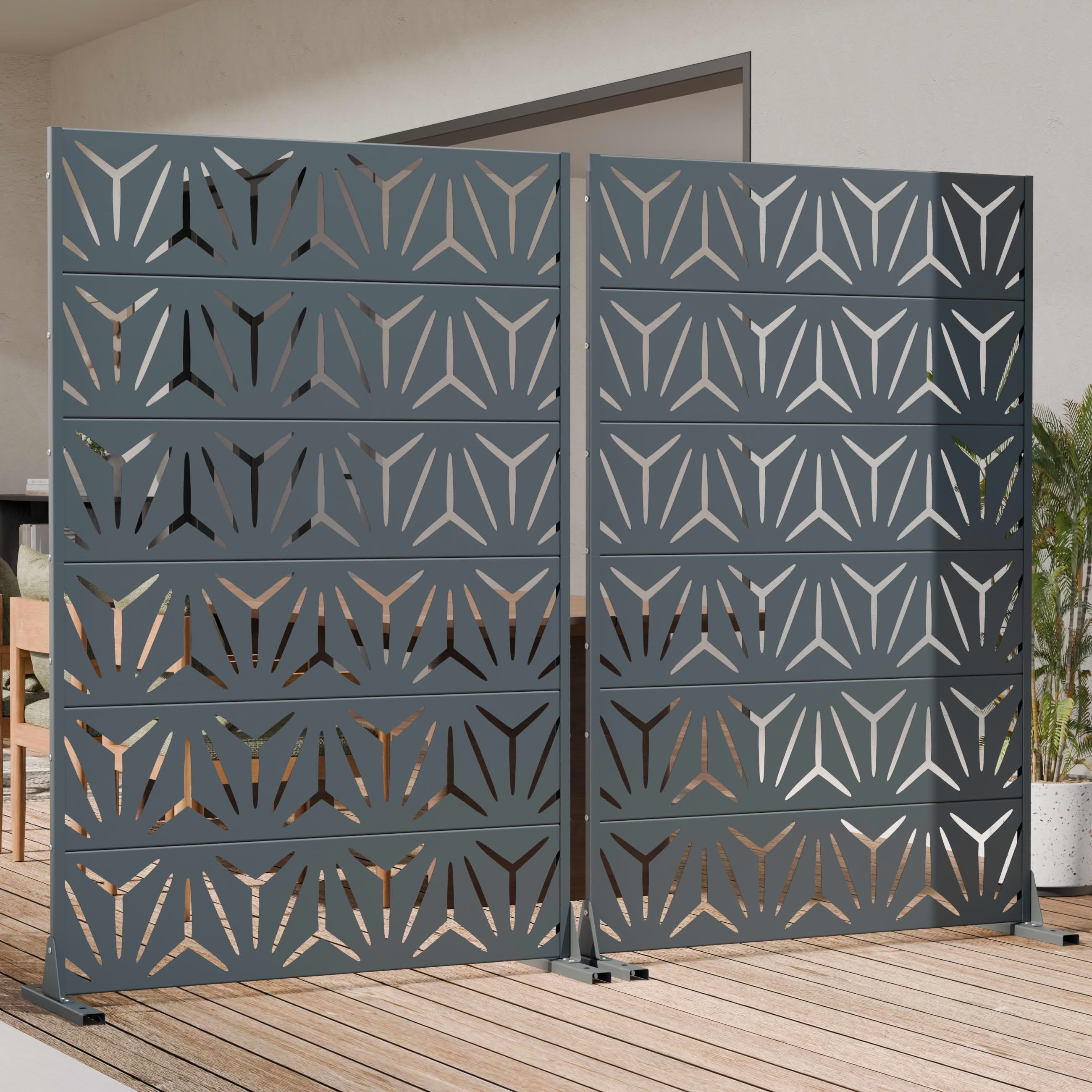 MAYEERTY Outdoor Metal Privacy Screen 6ft × 4ft Cambrian Rock Gray, 6-Panel Geometric Y-Pattern Decorative Screen for Patio
