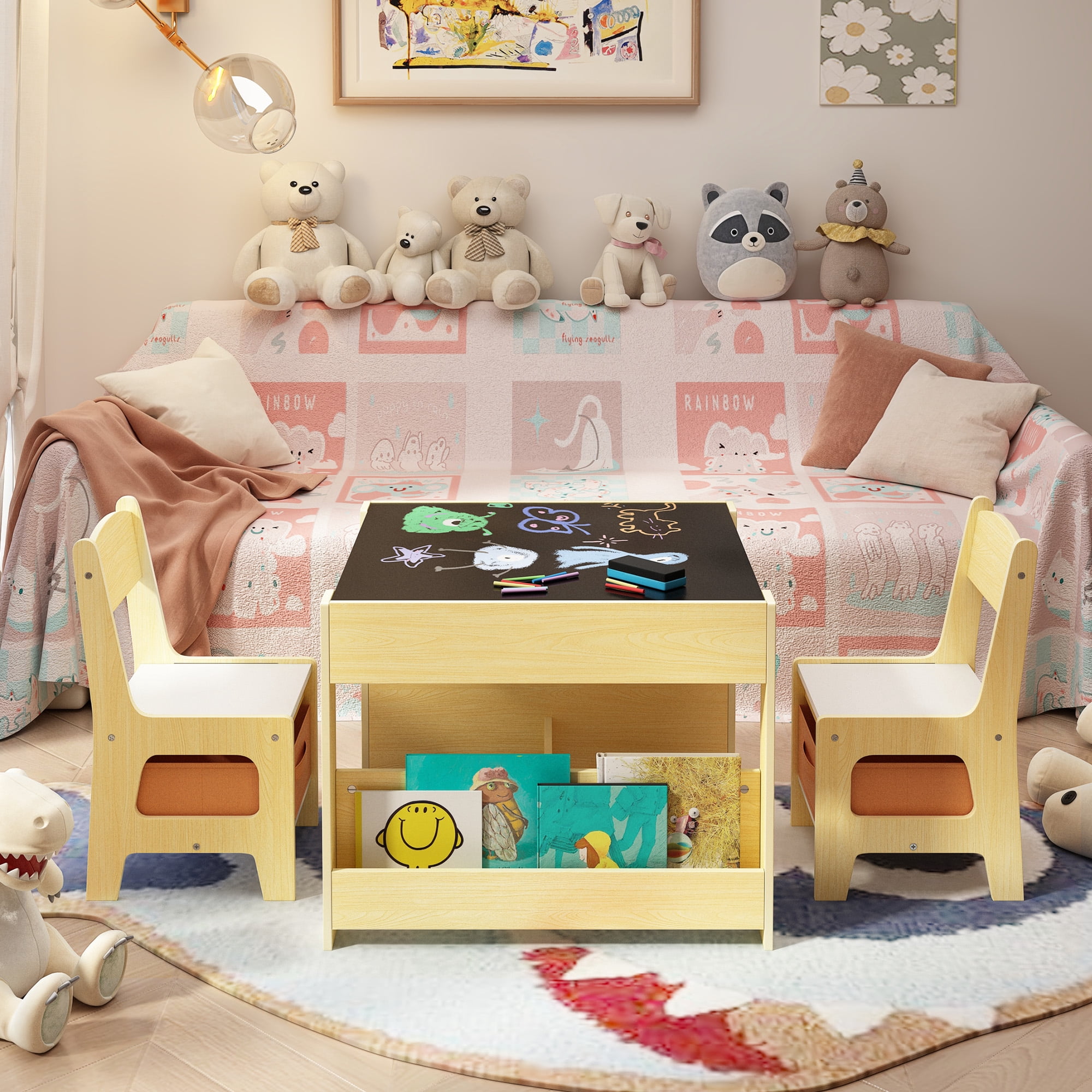 Kid's Table and Chair Set, Asofer 4-in-1 Kids Set with Bookshelves Storage Drawer, Removable Desktop for Drawing Playing Studying Eating, White/Gray