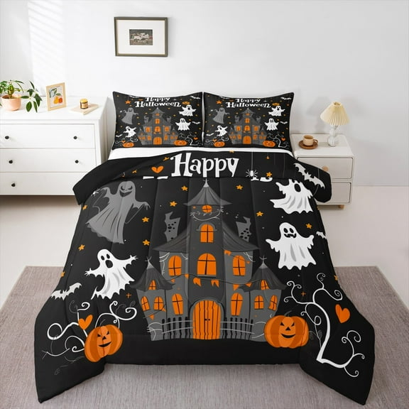 jejeloiu Spooky Castle Bedding Comforter Set,Happy Halloween Twin Comforter Sets,Cute Ghost Pumpkin Bedding Set For Child,Microfiber Bedroom Decor Reversible,2pcs