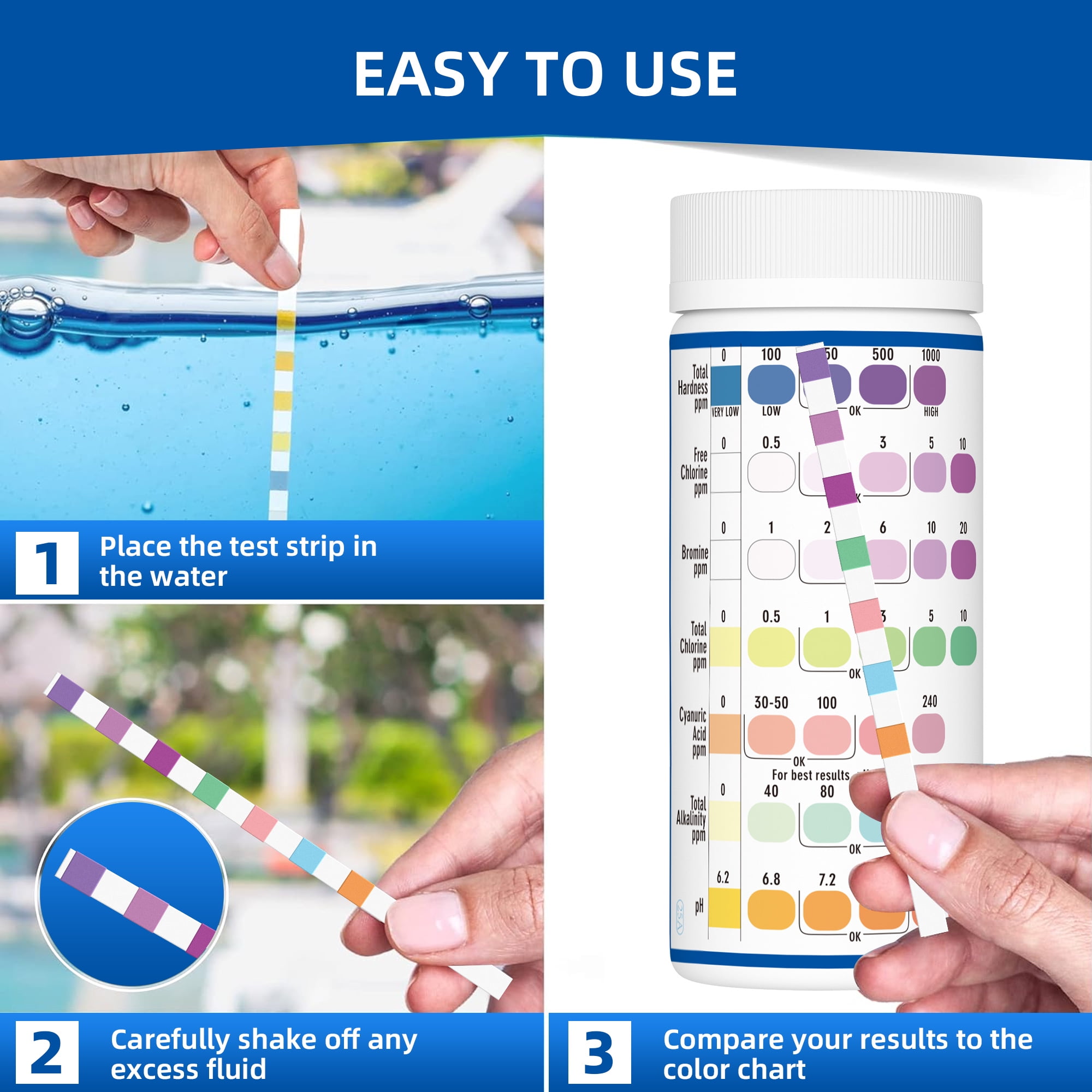 EASYTEST 7 in 1 Pool and Spa Test Strips, 150 Strips Fast and Accurate Water Quality Testing Kit for Swimming Pool and Hot tub, Strip Detects pH, Chlorine, Bromine, Total Hardness