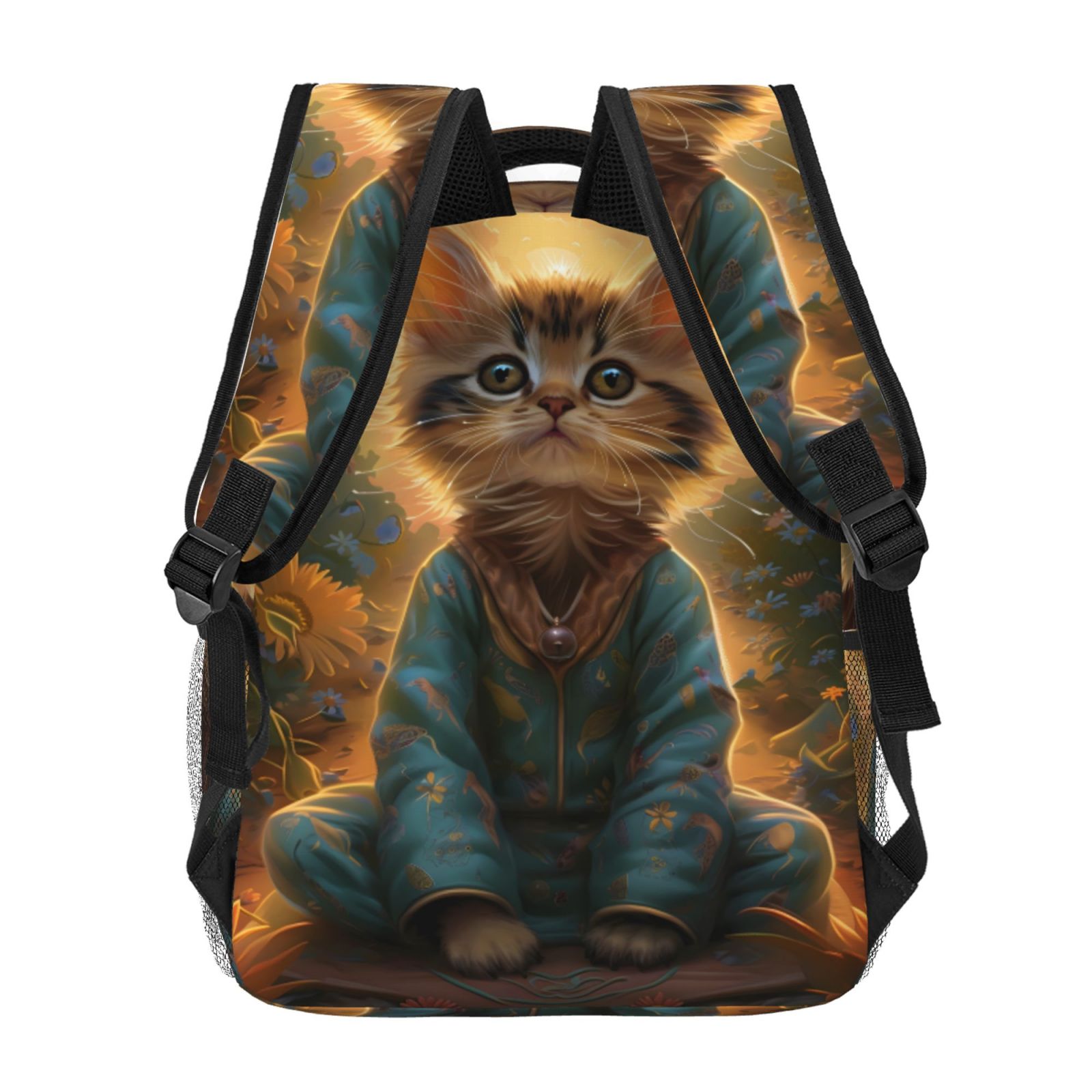Xecao Sunflower Meditating Cat Backpack, a stylish and functional choice for both men and women, is the perfect basic bookbag for college, work, or travel