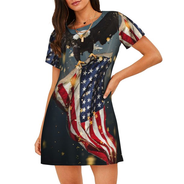 Fotbe North American Bald Eagle1 Bata de Dormir para Mujer con Estampado, Camisón de Algodón de Manga Corta, Ropa de Dormir Casual