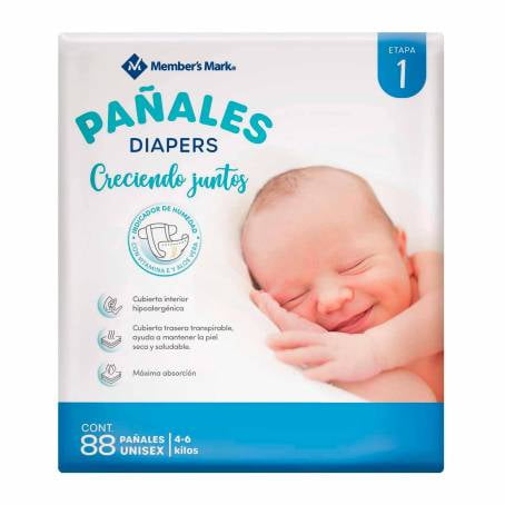 Pañales Unisex Etapa 1 Members Mark 88 Pzas con Indicador de Humedad Members Mark ETAPA1MEMBERS88
