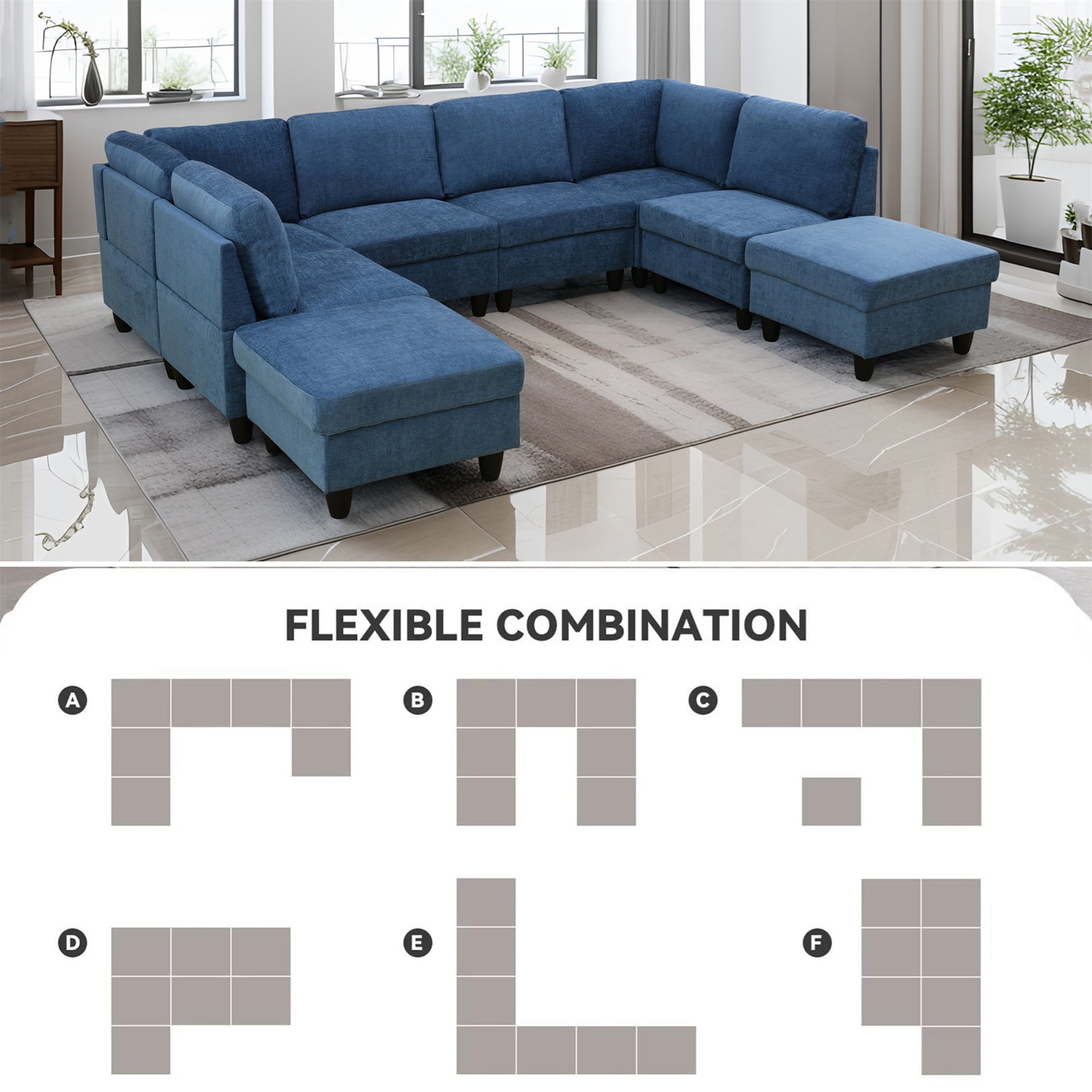 Aukfa Modular Sectional Couch Set - Single Sofa Chair- Flannel - Blue