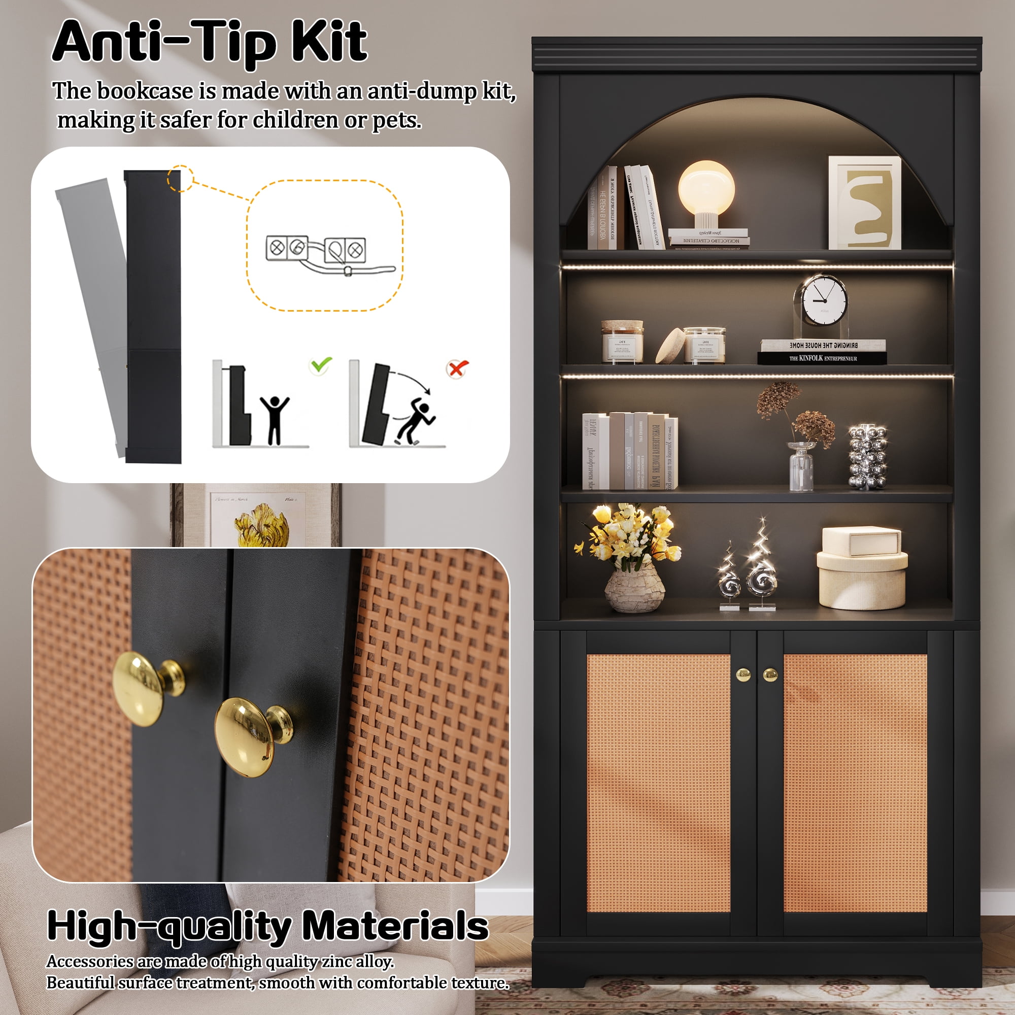 71" Tall Bookshelf Suite with 4-layer LED Lightings, Bookcase with Open Adjustable Shelves