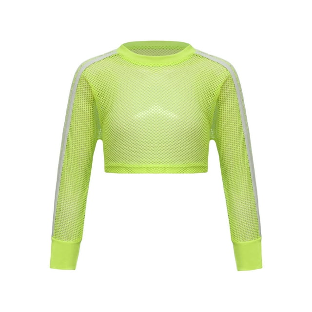 Blouse à Manches Longues en Résille Transparente pour Filles, Crop Top en Maille Transparente, T-Shirt à Col Rond Vert Fluorescent 8