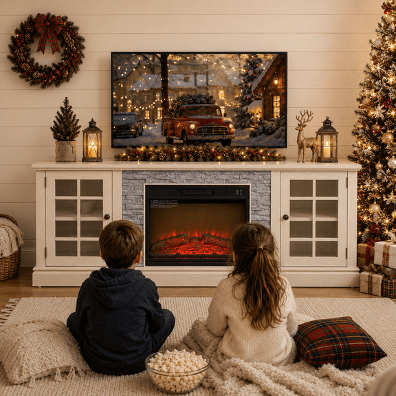 PAPROOS 70" Fireplace TV Stand for TVs up to 75", Farmhouse Entertainment Center with 23" Electric Fireplace, Faux Stone Media Console with Glass Doors and Adjustable Shelves, White