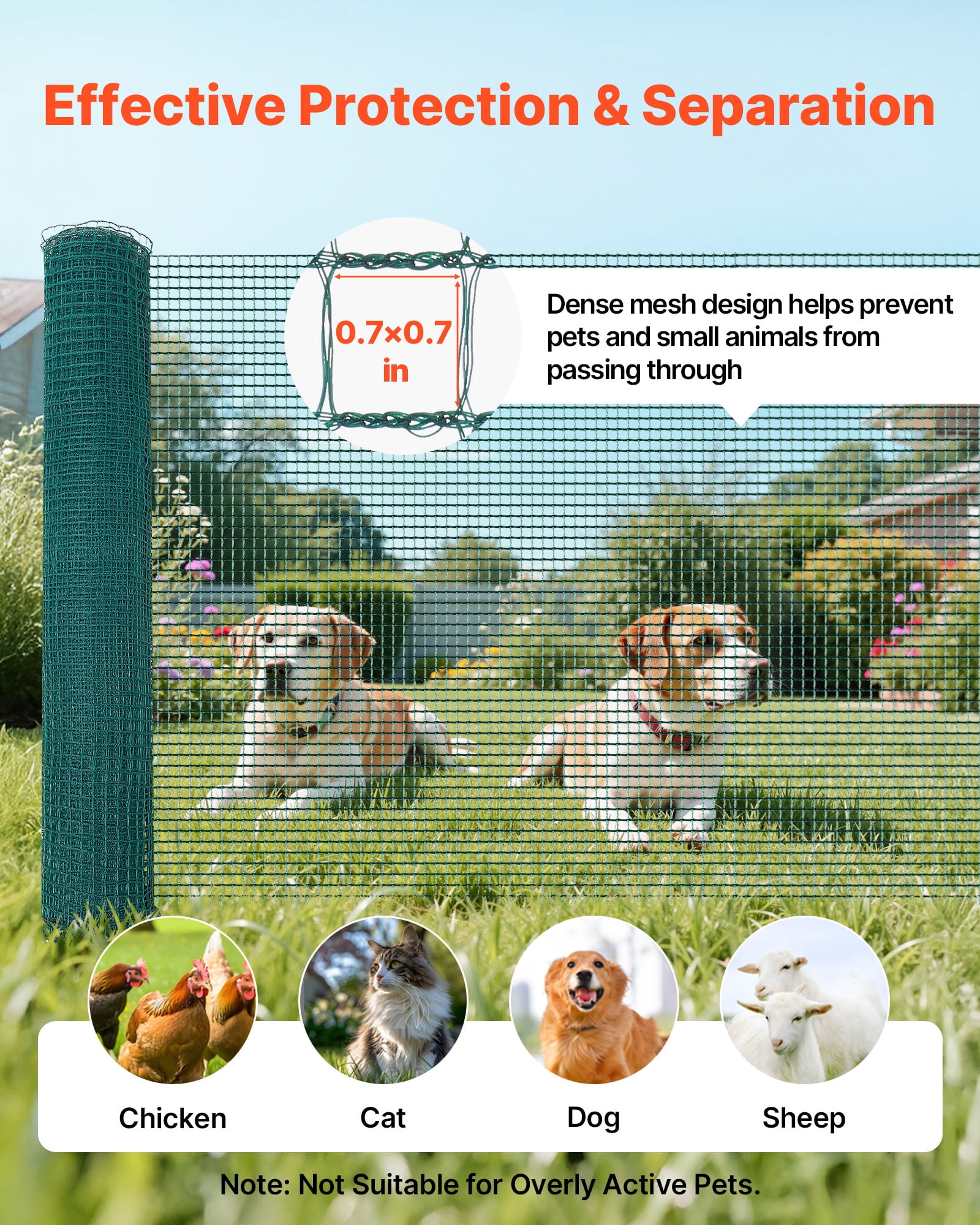 VEVOR Temporary Fence with Posts, 3.9 x 98.4 FT Plastic Mesh Fencing, Garden Safety Fences Netting with Double-Spike Stakes & Guy Ropes, Temporary Fence for Dogs, Chickens, Plants, Outdoor Yards