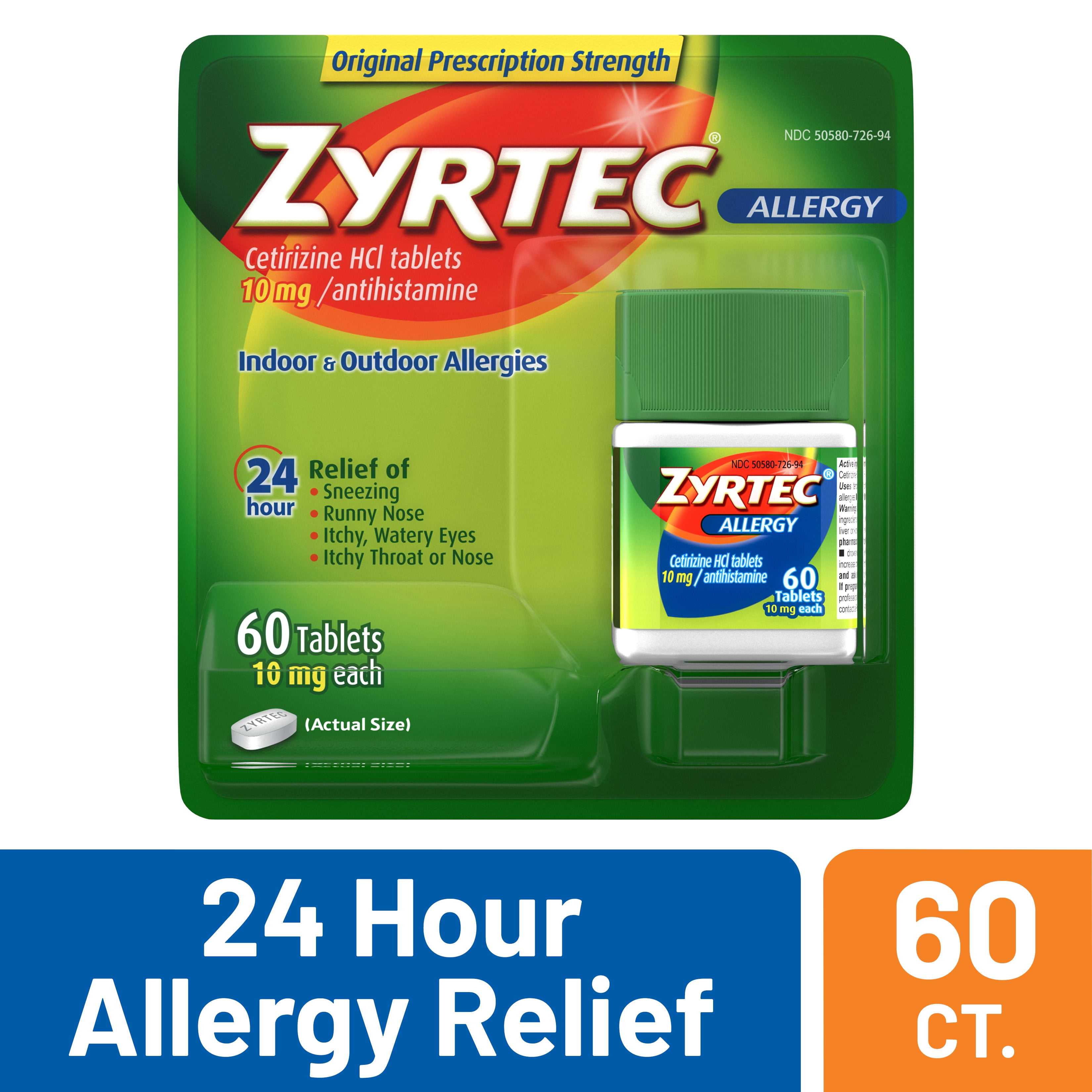 Zyrtec 24 Hour Allergy Relief Tablets with 10 mg Cetirizine HCl, 60 ct
