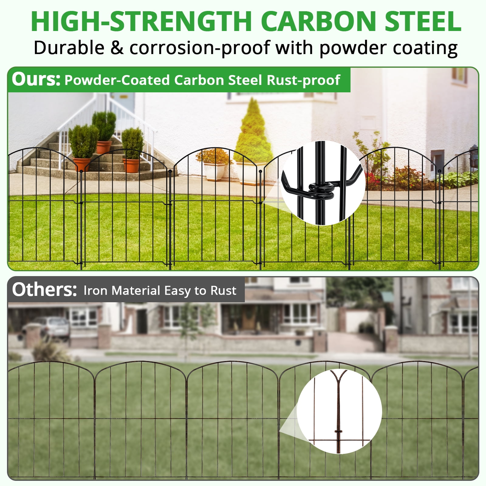 BSHAPPLUS® Garden Fence 10 pack ,17in (H) x 11ft (L) Metal Fence,Rustproof Decorative Fence,Animal Wire Fence,Wrought Iron Fence, Picket Fencing No-Dig for Yard, Lawn and Patio Borders