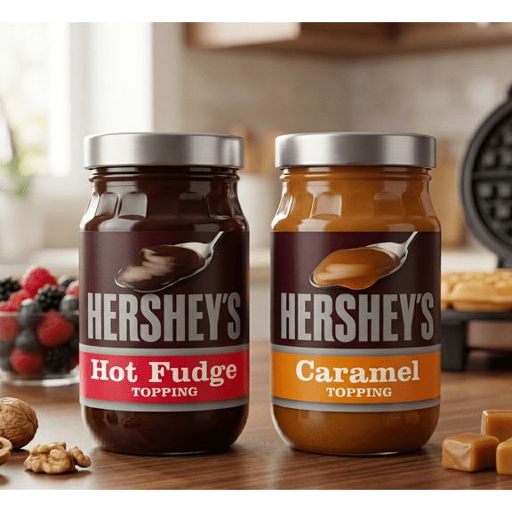 Hershey's Ice Cream Topping Variety Pack (14 oz Caramel Sauce & 12.8 oz Hot Fudge Sauce Jars)