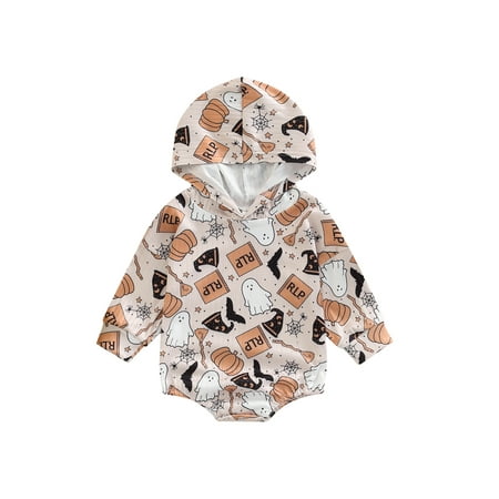 

Arvbitana Baby Boy s Girl s Romper Long Sleeve Halloween Ghost Witch Hat Printed One Piece Hooded Romper
