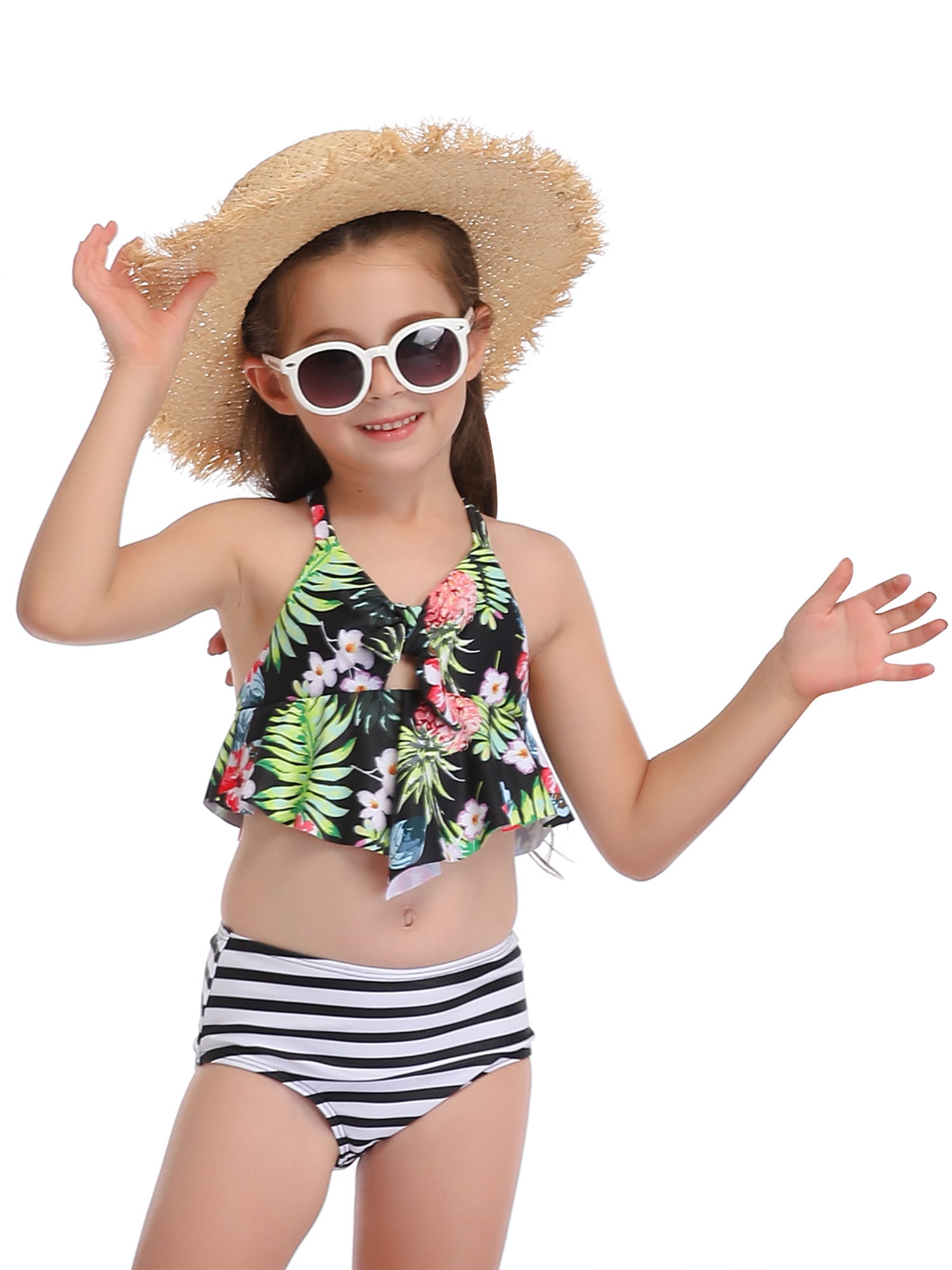 3PCS Baby Girl Swimsuit Bikini Set Off One Shoulder Ruffle Crop Top Hat Bathing Suits Beachwear Leopard Shorts 