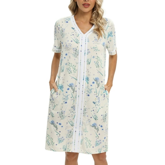 WBQ Women's V Neck Nightgown Printed Short Sleeve Comfy Sleep Nightshirt Pajama Dress With Pocket Beige S-2XL