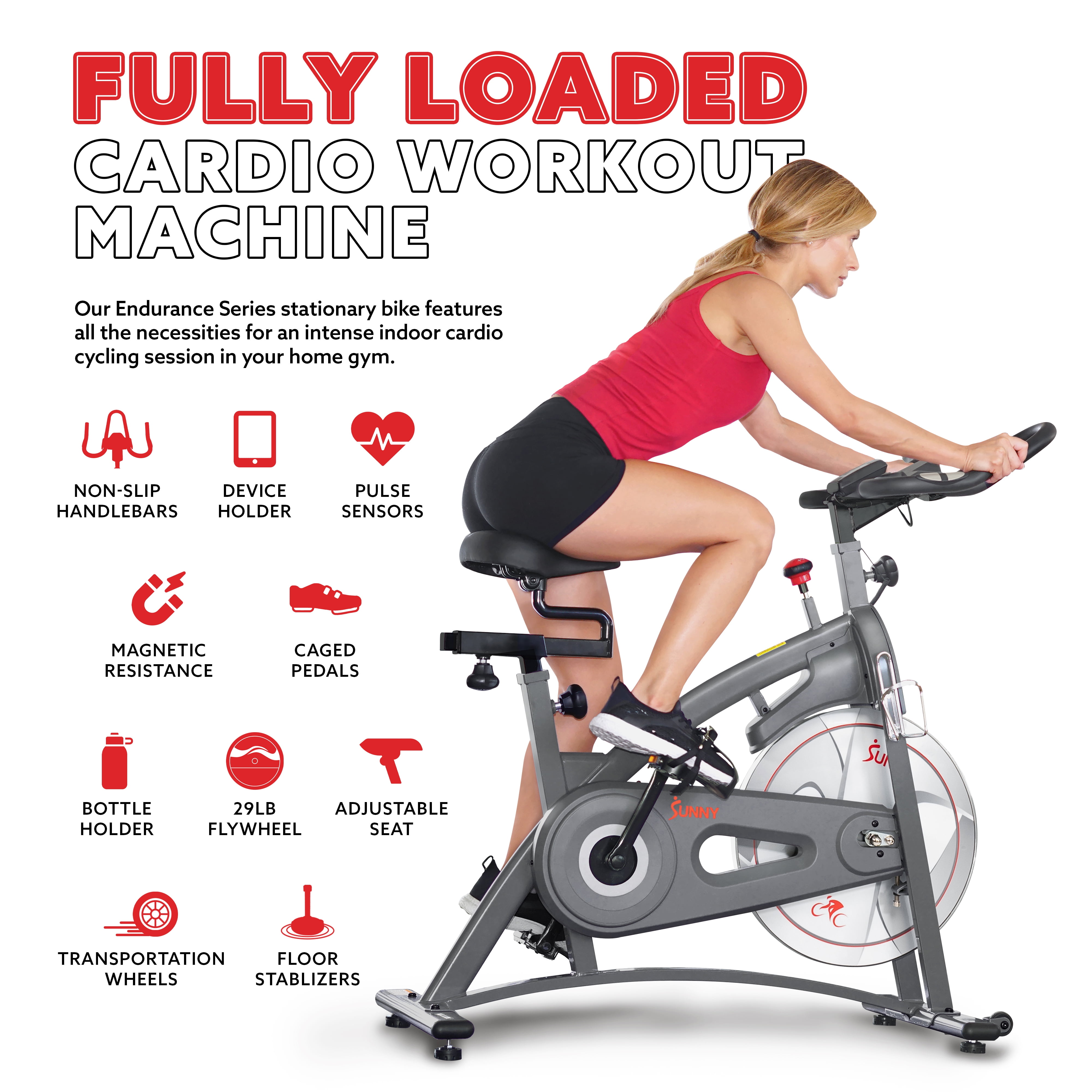 Sunny Health & Fitness Endurance Magnetic Belt Drive Indoor Cycle Exercise Bike for Stationary Cardio w Free SunnyFit® App Membership SF-B1877