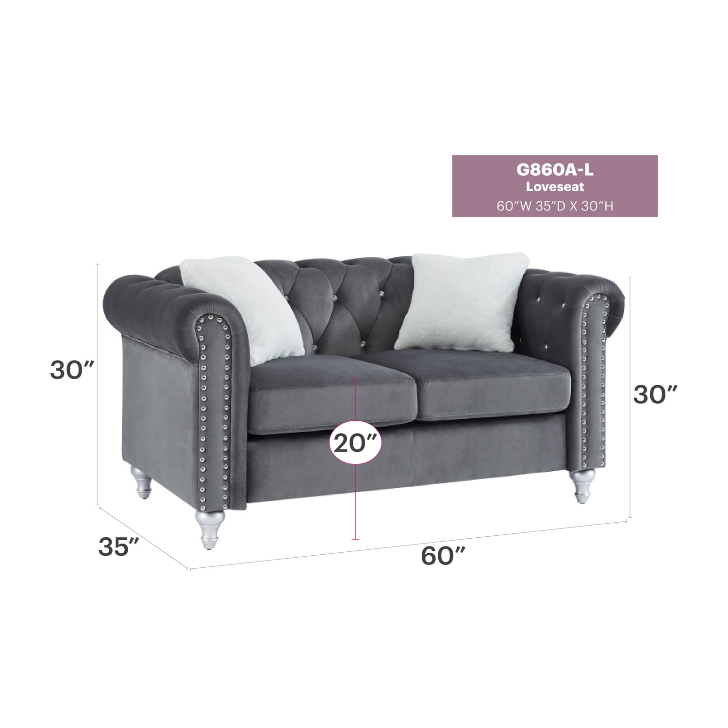 Glory Furniture Raisa Velvet Loveseat in Gray