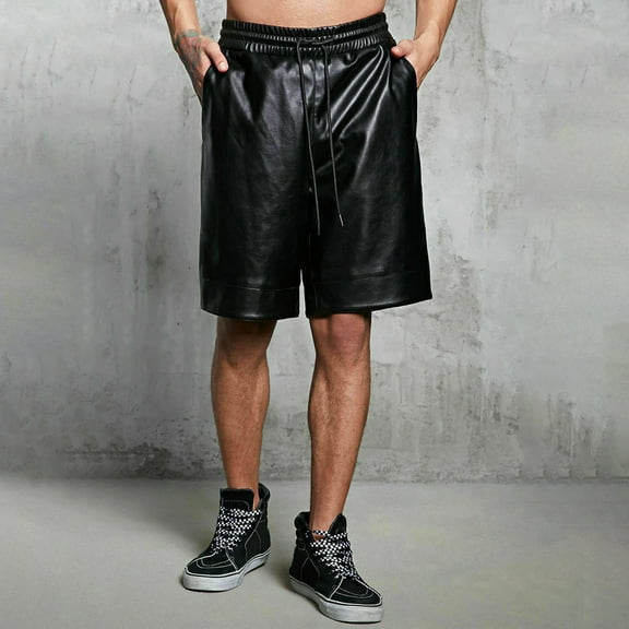 zeranth Men Summer Shorts Elastic Drawstring Waist Faux Leather Shorts Pockets Solid Color Wide Leg Shorts Streetwear