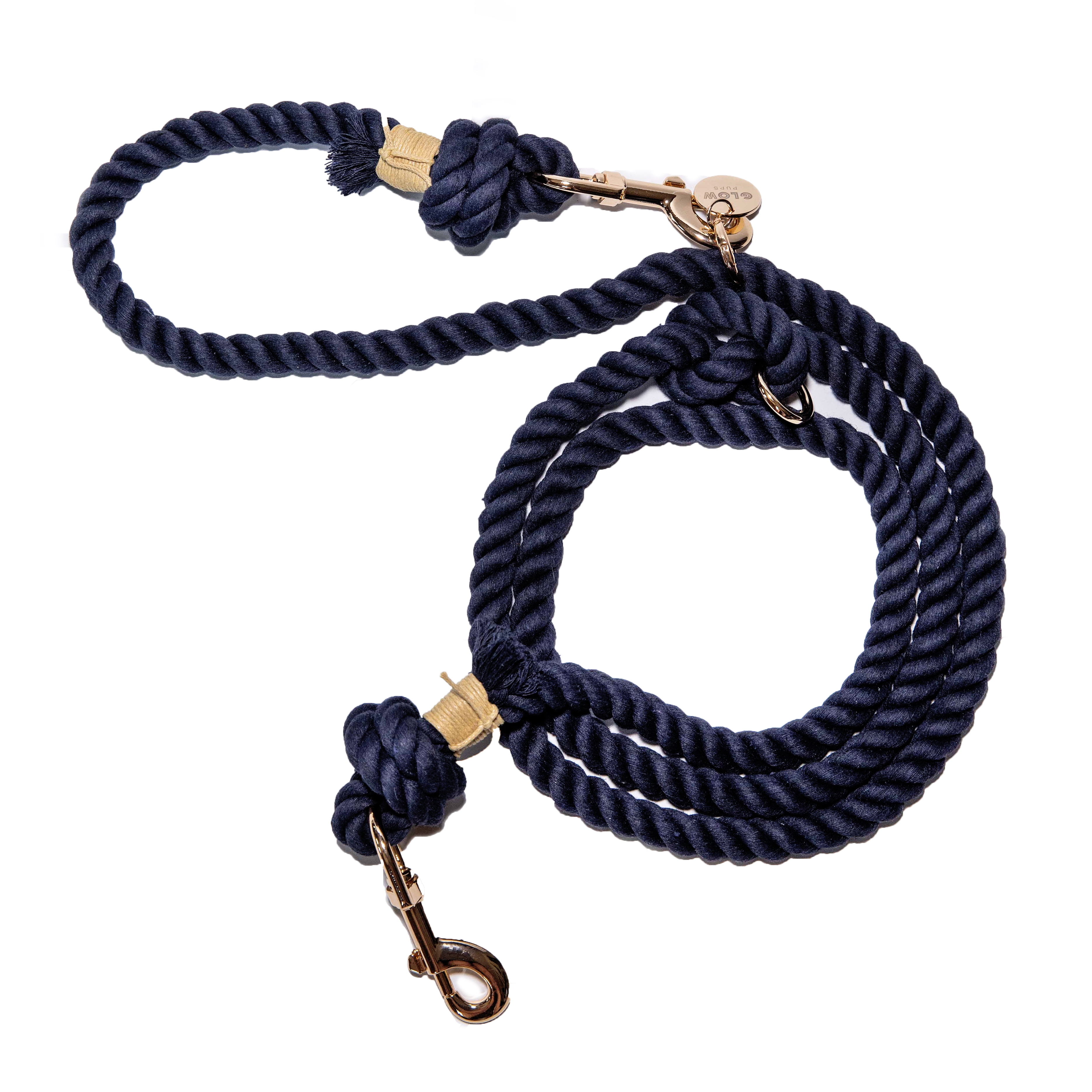 Hands Free Cotton Rope Dog Leash with Gold Hardware, Heavy Duty Training Lead (Navy Blue)