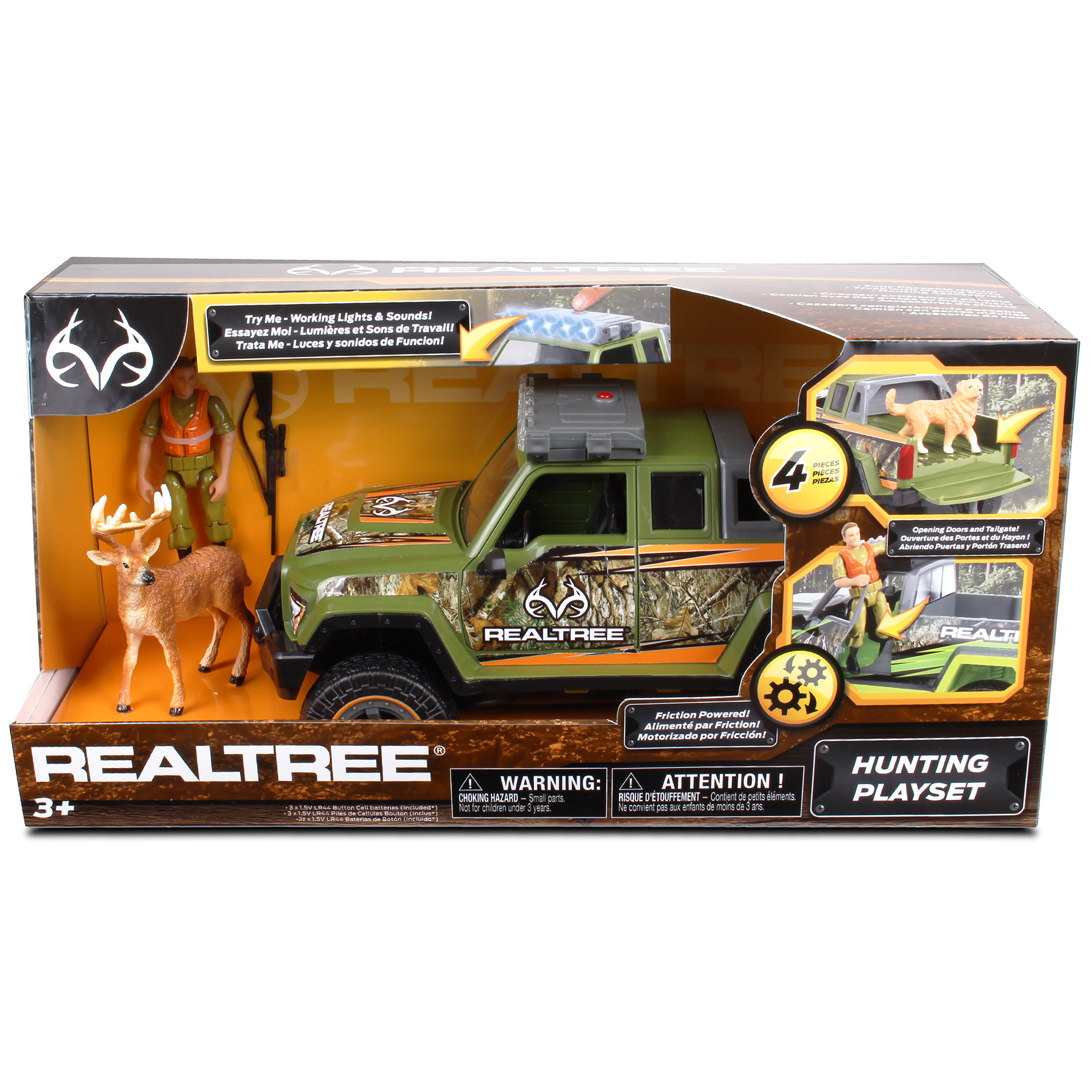 NKOK RealTree 1:18 Scale: Buck Hunting Playset - 4 Piece Friction Powered Lights & Sounds Truck Playset, RealTRee Edge Camouflage, Buck Hunting #21721,  Officially Licensed, For Kids Ages 3+
