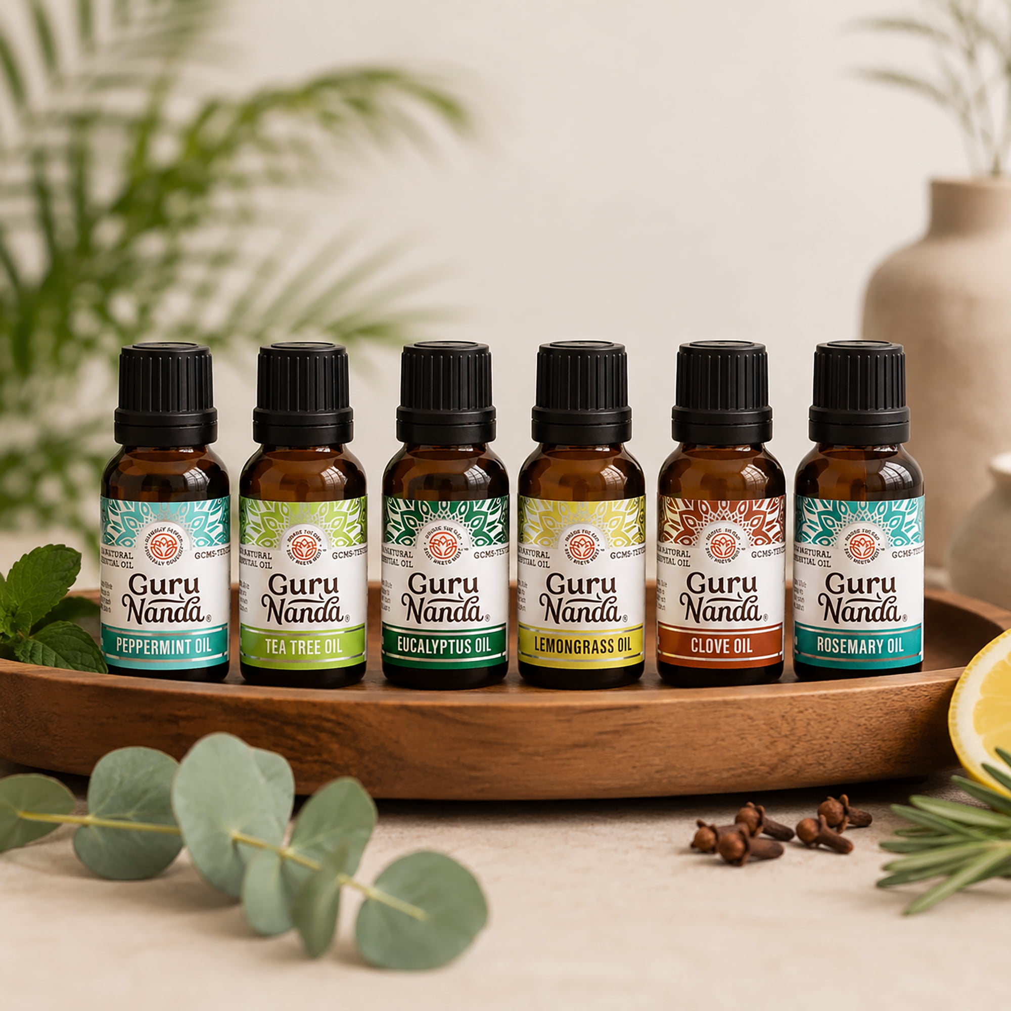 GuruNanda Herbaceous Essential Oils Collection,  Peppermint, Tea Tree, Eucalyptus, Lemongrass, Rosemary, Clove - 10 ml for Health and Wellness