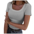thumbnail image 2 of Lixiuxyad Womens Summer Short Sleeve Tops Square Neck Ribbed Slim Fitted Shirts Casual Tee Tshirt Summer Tee Shirts,Gray L, 2 of 7