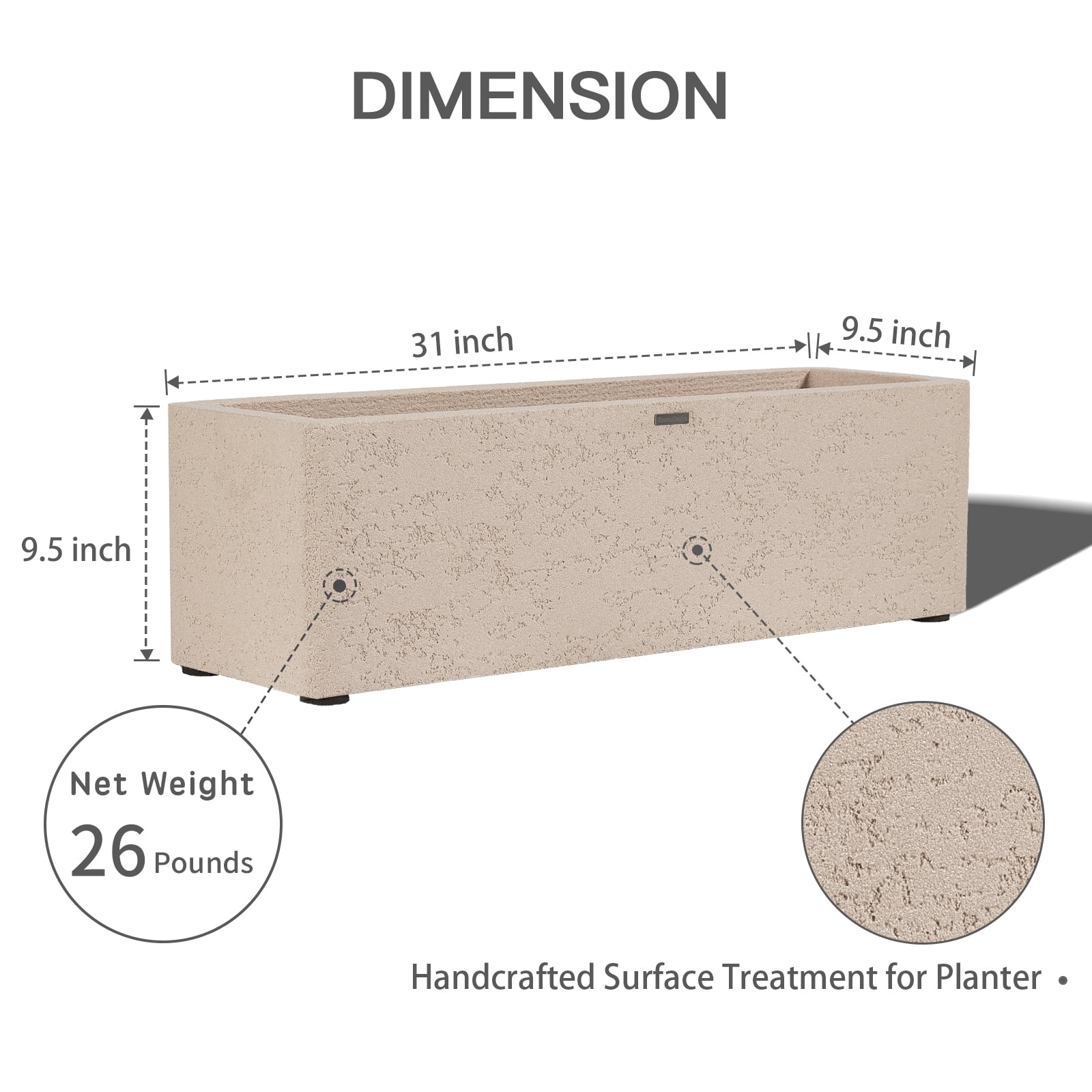 TerraDeco 31 Inch Rectangular Concrete Planter,Durable All-Weather Use with Drainage Holes,Large Rectangular Planter for Outdoor Indoor Plants