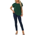 thumbnail image 2 of INSPIRE CHIC Women's Short Sleeve Casual Crew Neck Lace Trim Pleated Shirt Blouse Dark Green L, 2 of 5