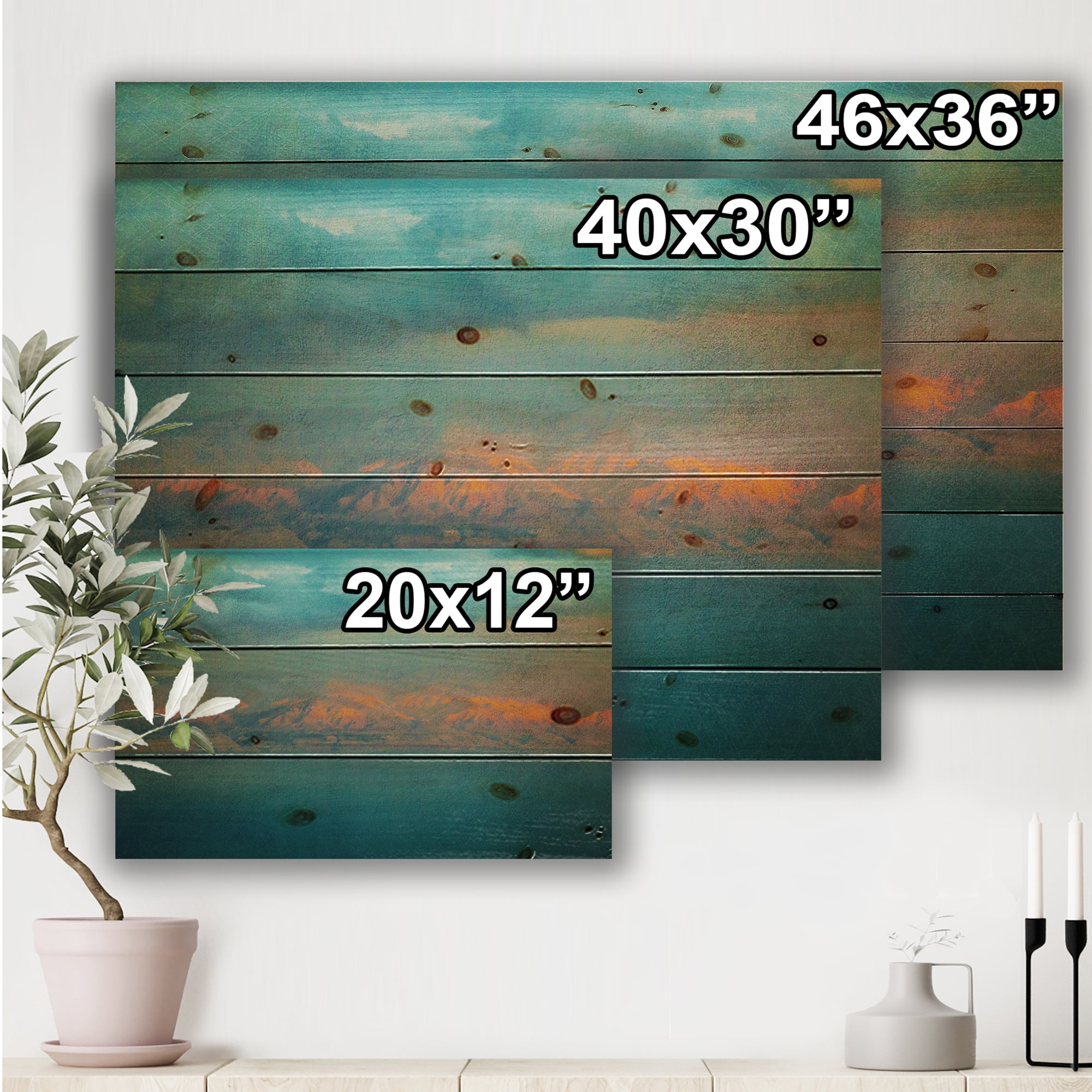 Designart 'Evening Glowing Mountains Over Sea Textured Vintage Image' Modern Print on Natural Pine Wood