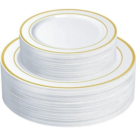 SETUP [Case of 300 Combo White Gold Rimmed Plastic Plates, Disposable Plates for Party - Premium Heavy-Duty Wedding Plates, 150 Disposable 10.25" Dinner Plates and 150 Disposable 7.5" Salad Plates