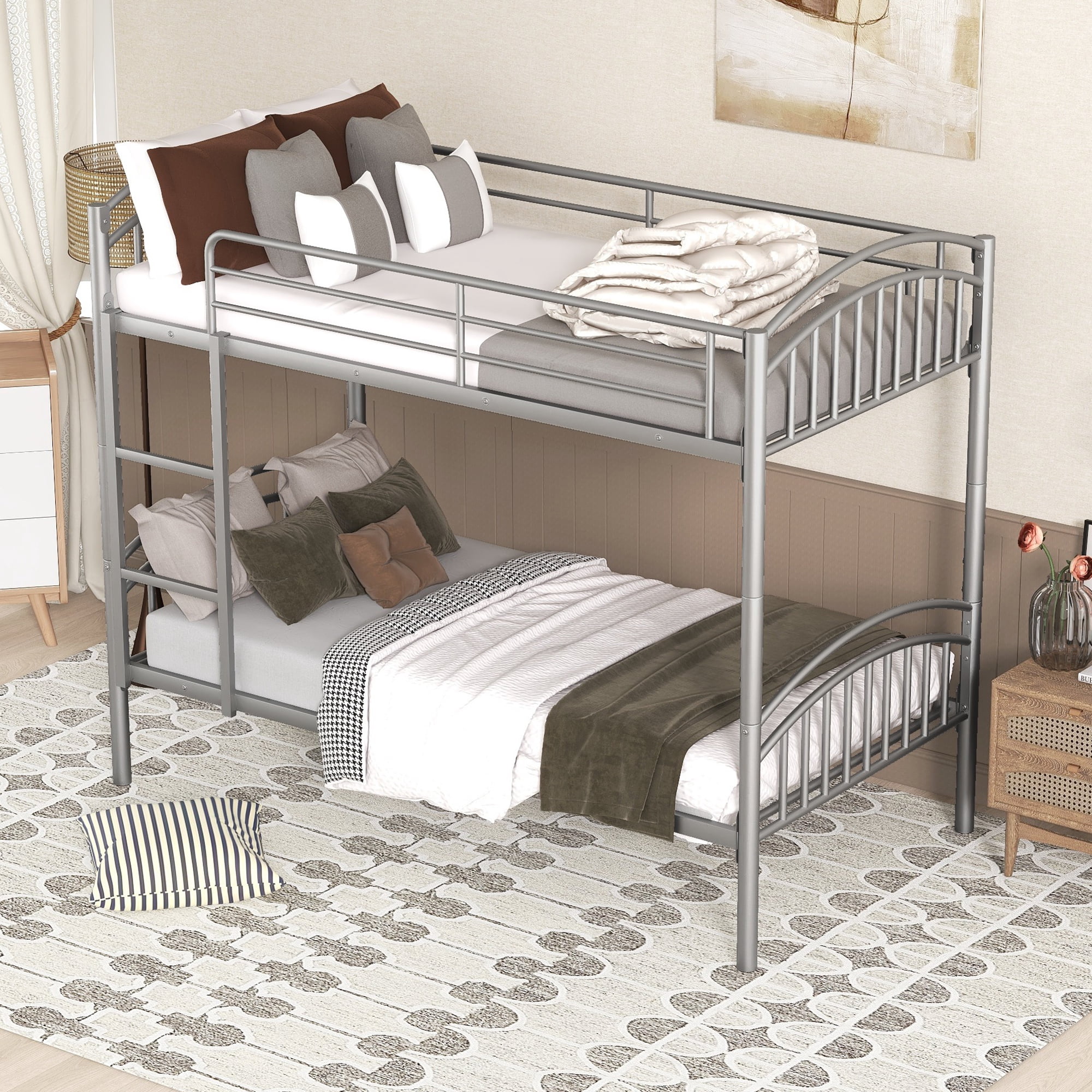 Leumius Twin Over Twin Metal Bunk Bed for Boys Girls Teens,Heavy Duty Metal Bed Frame with Built-in Ladder and Safety Gurdrail,Can be Divided into Two Beds,Silver