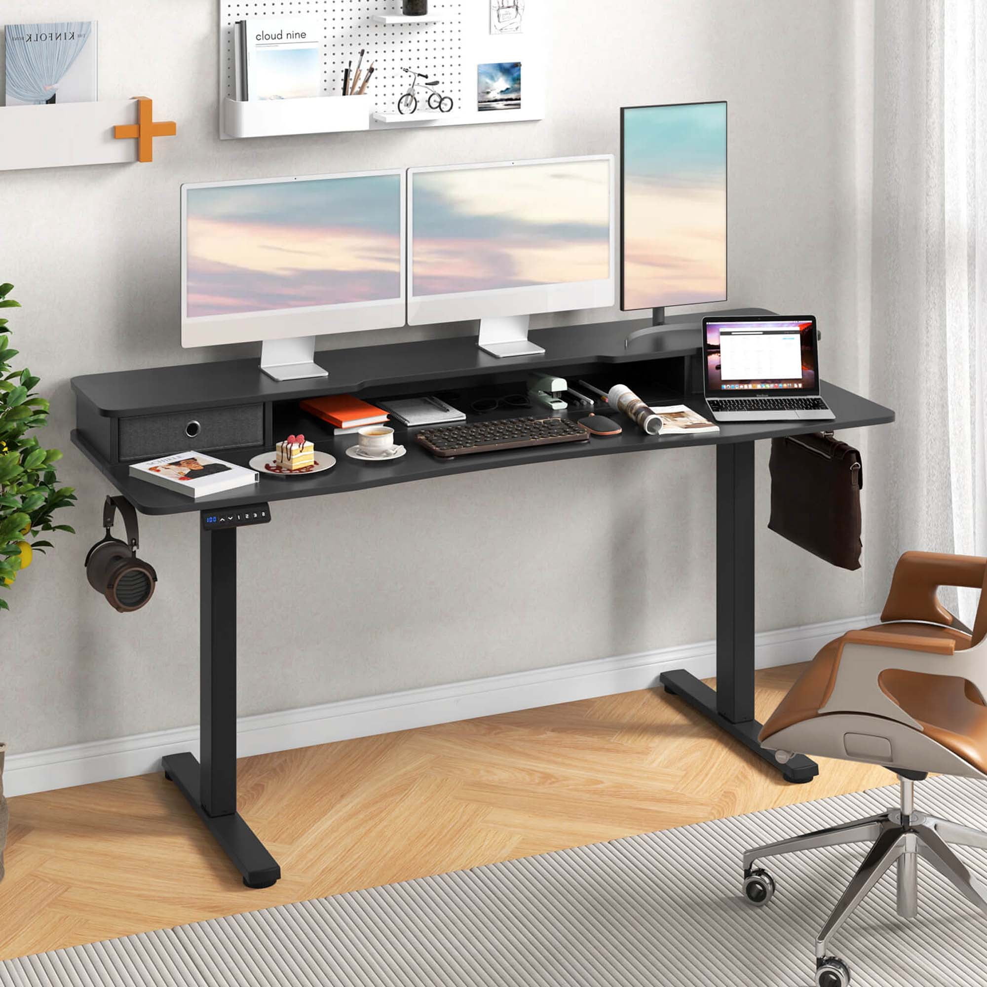 Costway 63" x 24" Electric Standing Desk with 2 Drawers Monitor Stand Storage Shelf Black
