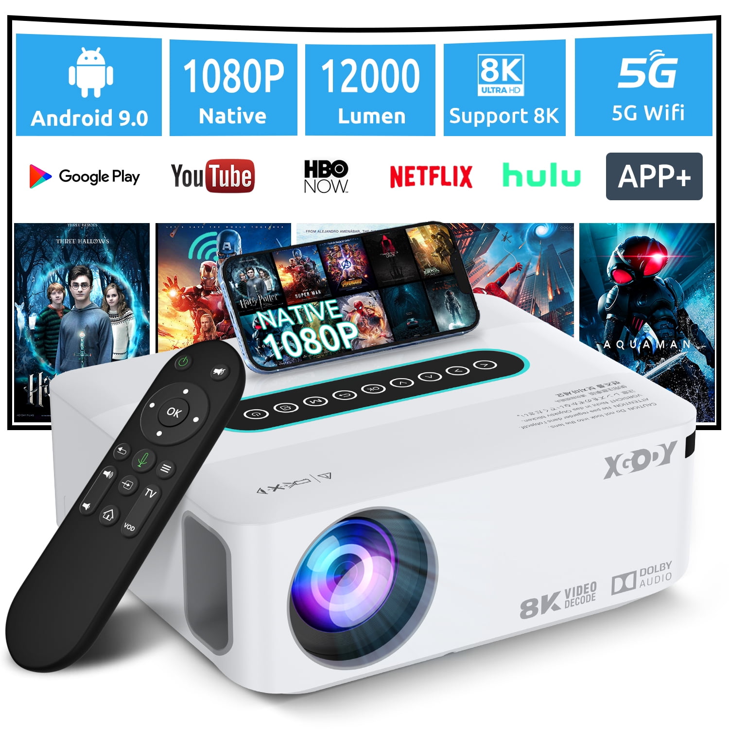 Android TV 9.0 Smart Projector,4k with WiFi and Bluetooth,Native 1080P Movie Projector Outdoor,Xgody X1 Video Projector 4K Supported, Home Theater Projector - Walmart.com