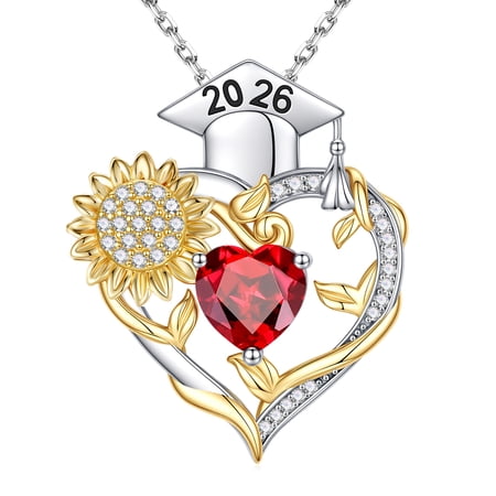 Iefil Graduation Gifts for Her 2026 College, 925 Sterling Silver Sunflower January Garnet Red Birthstone Necklace for Women Jewelry, Inspirational Graduation High School Graduate Gift for Best Friend