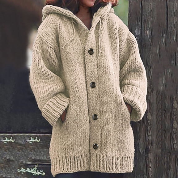 Pounoo Plus Size Cardigan Sweaters for Women Chunky Button Down Knitted Sweaters Solid Color Warm Hoodie Knitted Cardigan with Pockets
