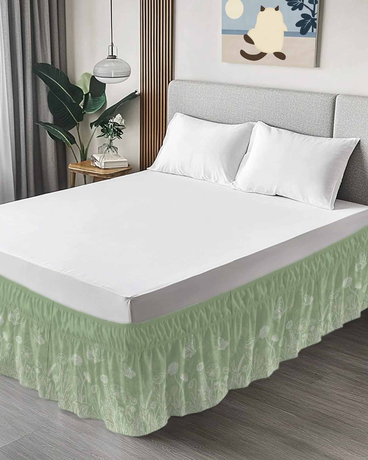 Spring Flower Butterfly Bed Skirt Queen Size 16 Inch Drop, Plant Floral Lines Countryside Green Adjustable Elastic Dust Ruffles Bedskirt for Queen Bed Wrap Around Pleated Mattress Frame Cover