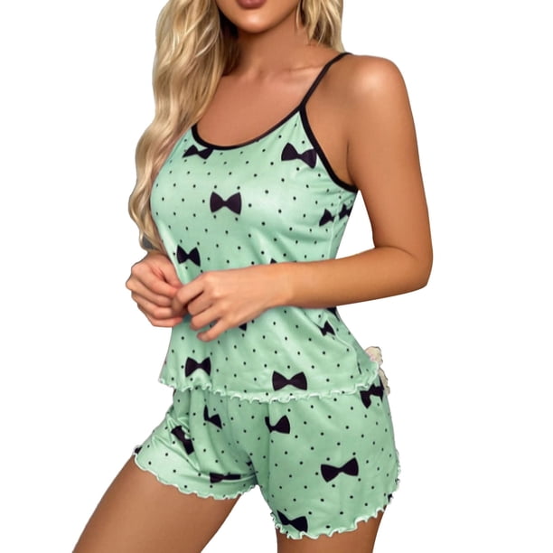 Gibobby Pijamas para mujer Ropa de dormir con estampado de pajarita para mujer, conjunto de pantalones cortos sin mangas de realce Sexy de dos piezas(Verde,G)
