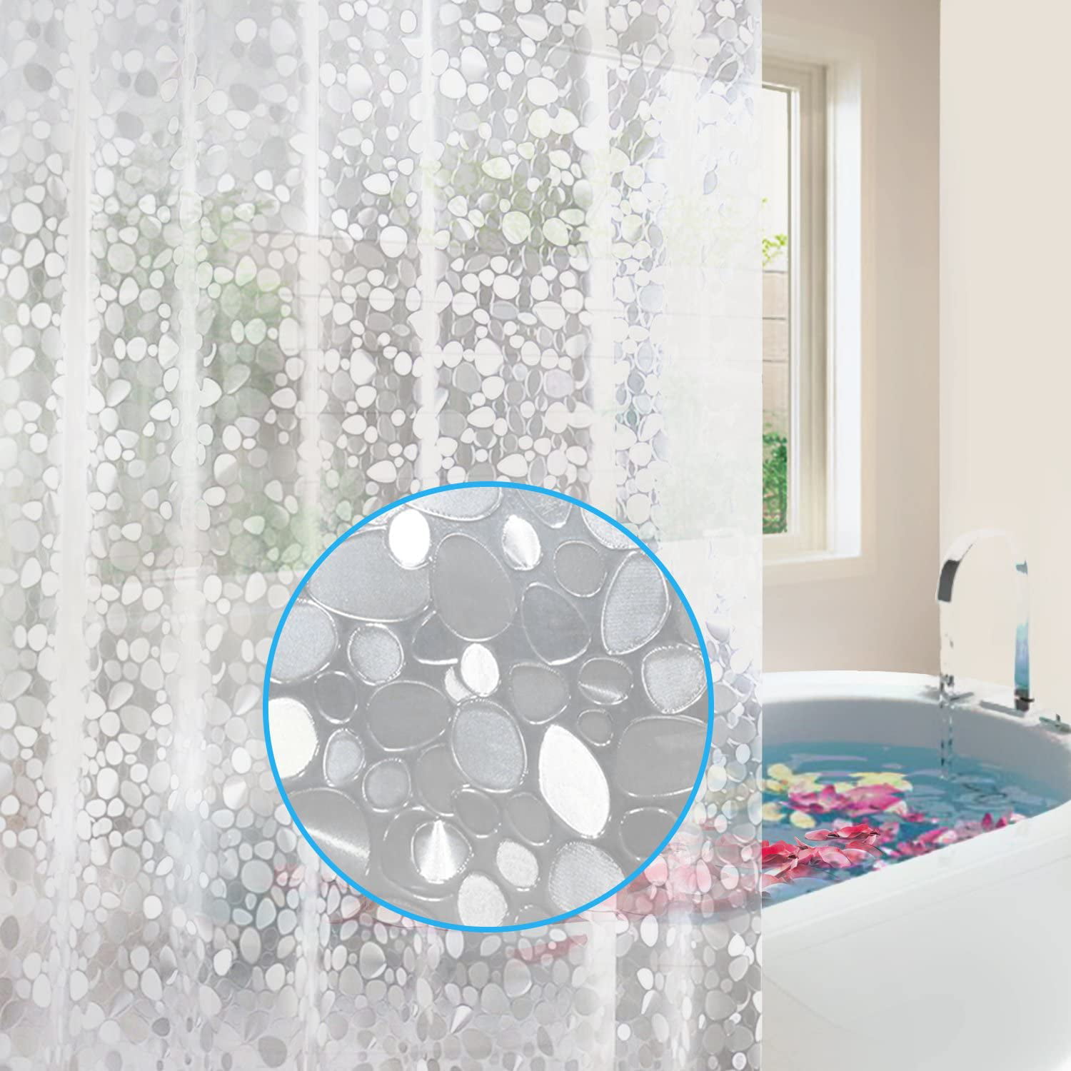 72 in PVC Shower Curtain 3D Pebble Bathroom Curtains Semi-Transparent 12 Hooks 