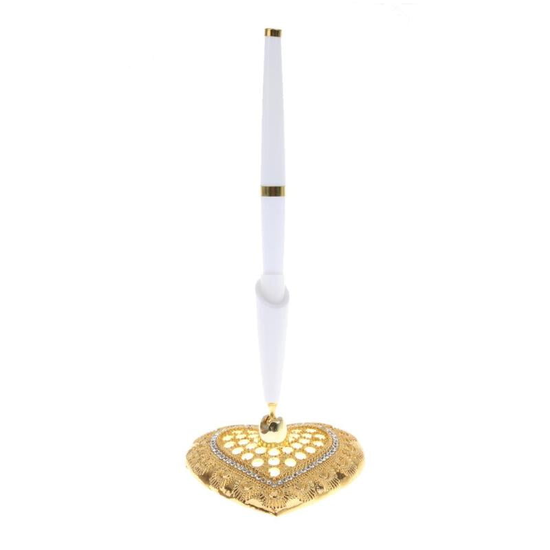 Wedding Party Guest Book Signing Pen with Heart Pen Holder Table Decor - White,Golden, 18 cm